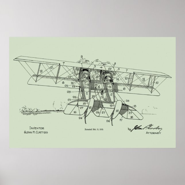 1919 Aeroplane Biplane Patent Drawing Art Print (Front)