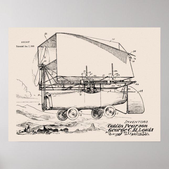 1919 Flying Car Airship Patent Art Drawing Print (Front)