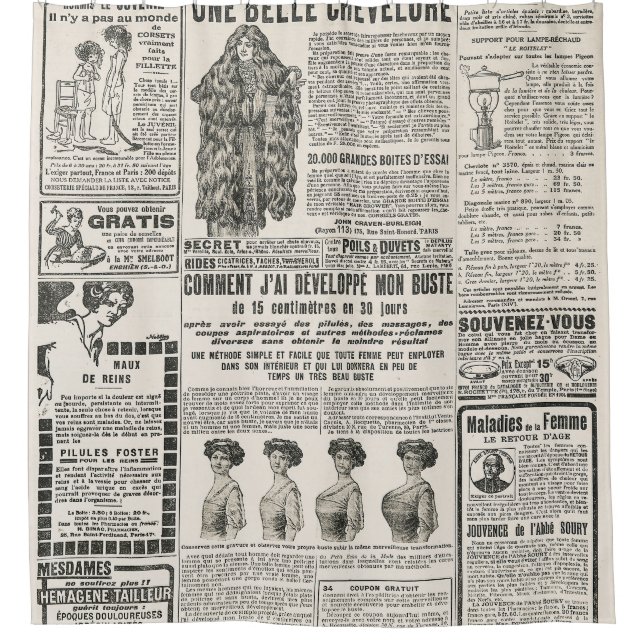 1919 Paris Fashion: Antique Newspaper Page Shower Curtain (Front)