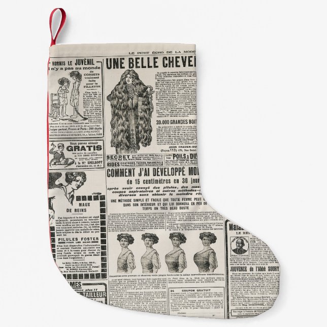 1919 Paris Fashion: Antique Newspaper Page Small Christmas Stocking (Front)