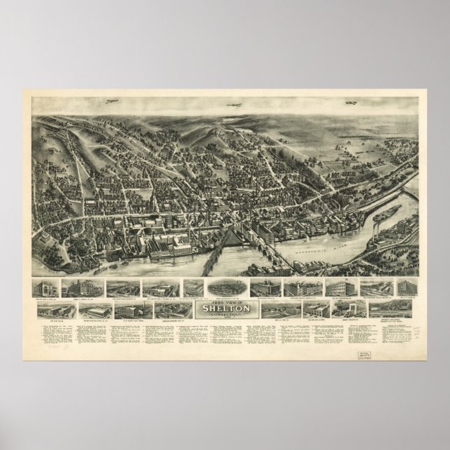 1919 Shelton CT Birds Eye Panoramic Map Poster (Front)