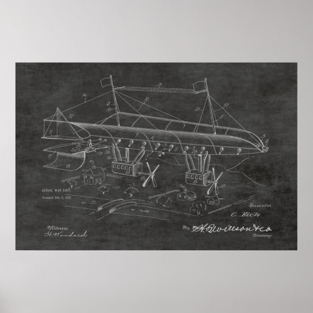 1919 War Airship Aeroplane Patent Art Drawing Poster (Front)