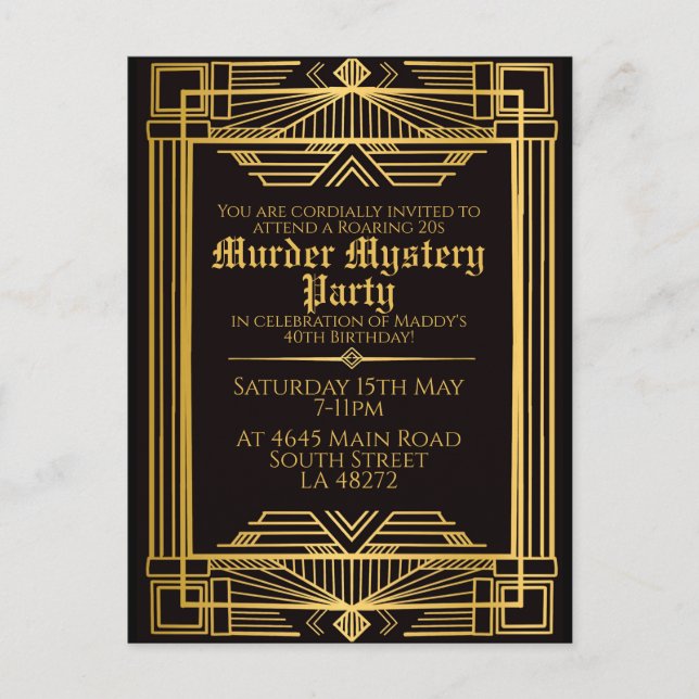 1920 art deco murder mystery birthday party invite (Front)