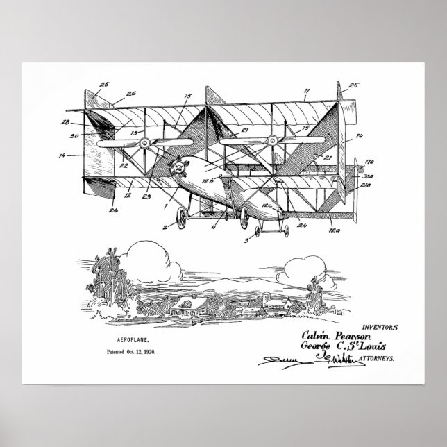 1920 Biplane Airplane Patent Art Drawing Print (Front)