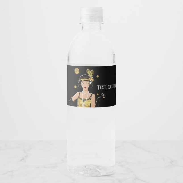 1920 flapper girl  gatsby , Art Deco Water Bottle Label (Front)