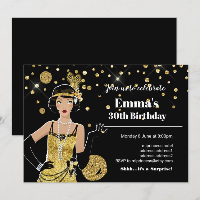 1920 flapper girl invitation, gatsby birthday invitation (Front/Back)