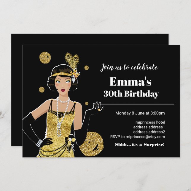 1920 flapper girl invitation, gatsby birthday invitation (Front/Back)