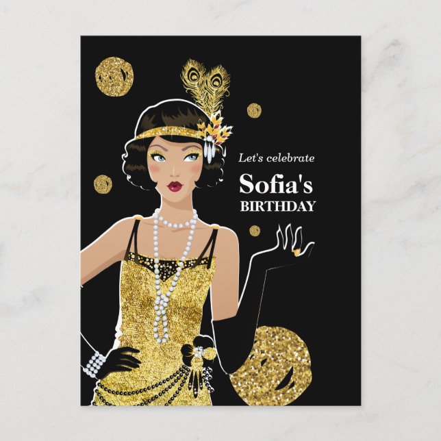 1920 flapper girl invitation, gatsby birthday invitation postcard (Front)