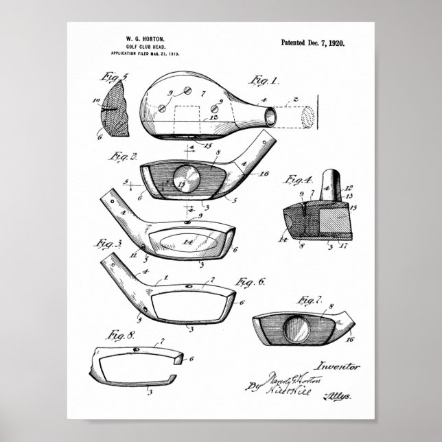 1920 Golf Club Head Design Patent Art Print (Front)