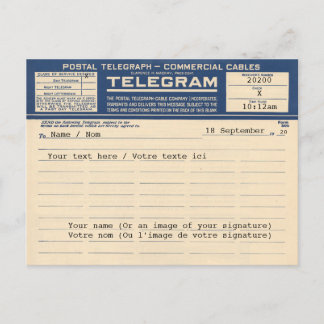 1920 Postal Telegram (Postcard) Postcard