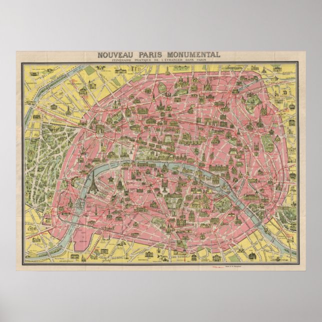1920 Scenic Sights Travel Map of Paris, France Poster (Front)