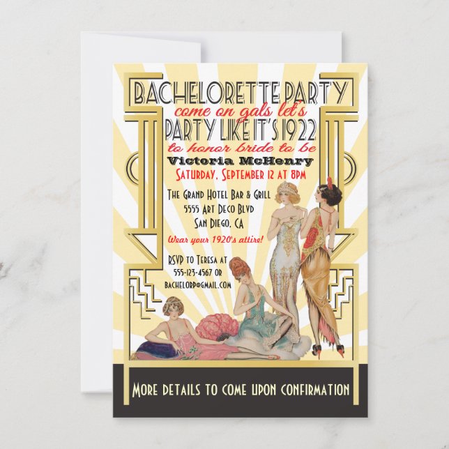 1920's  Art Deco Bachelorette Party Invitation (Front)