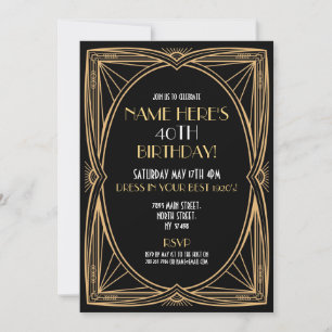 1920's Art Deco Birthday Gatsby Party Black & Gold Invitation
