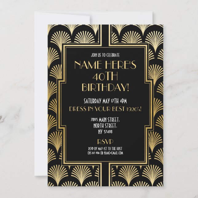 1920's Art Deco Birthday Gatsby Party Black & Gold Invitation (Front)