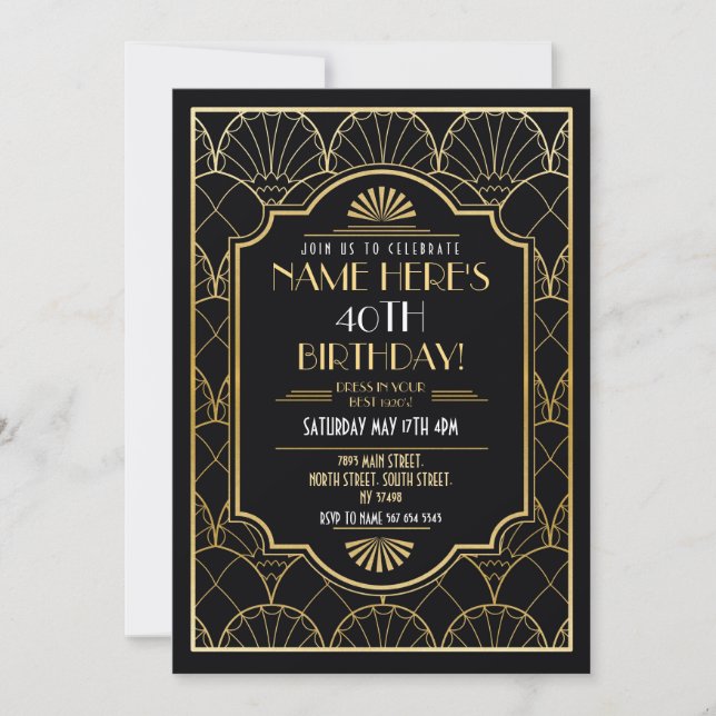 1920's Art Deco Birthday Gatsby Party Gold Invitation (Front)