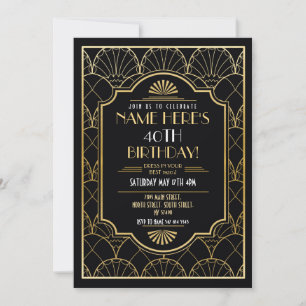 1920's Art Deco Birthday Gatsby Party Gold Invitation