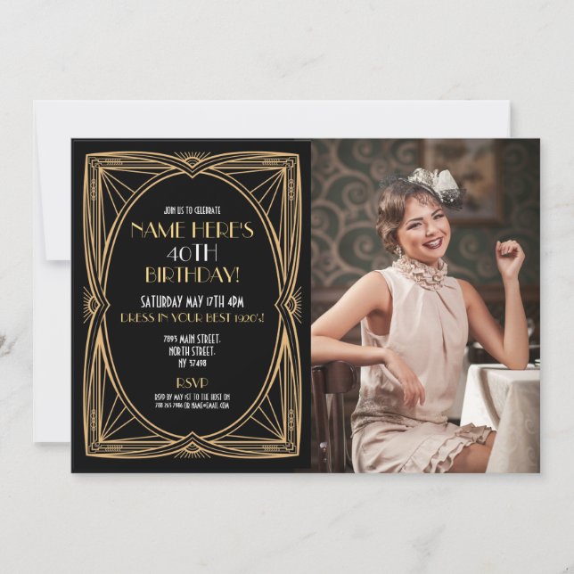 1920's Art Deco Birthday Gatsby Party Gold Photo Invitation (Front)