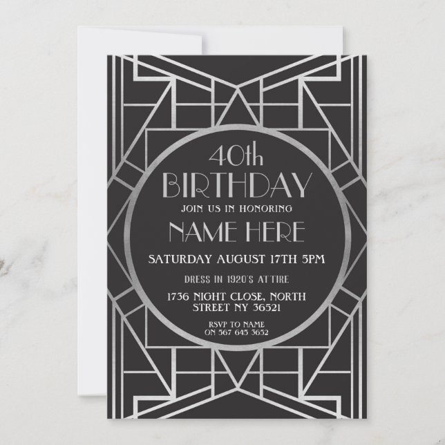 1920's Art Deco Birthday Gatsby Silver Invite (Front)