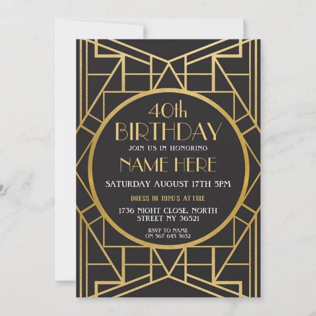 1920's Art Deco Birthday Great Gatsby Party Invite (Front)