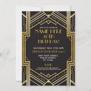 1920's Art Deco Birthday Invite Party Gold