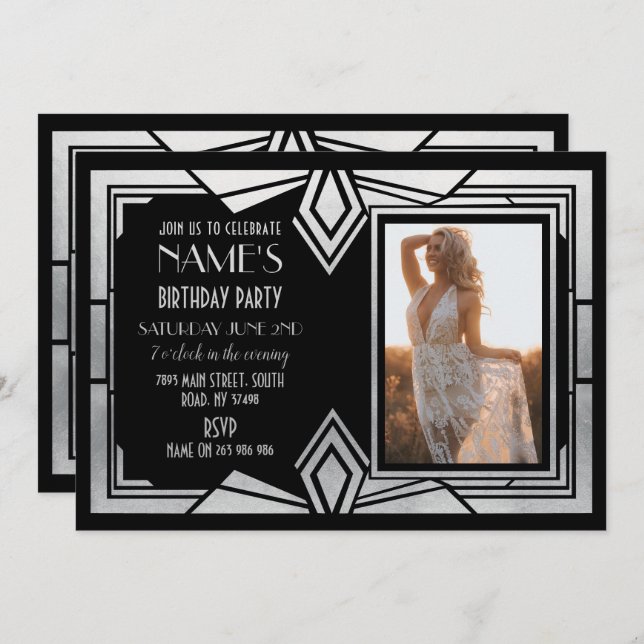1920's Art Deco Birthday Party Photo Invite Gatsby (Front/Back)
