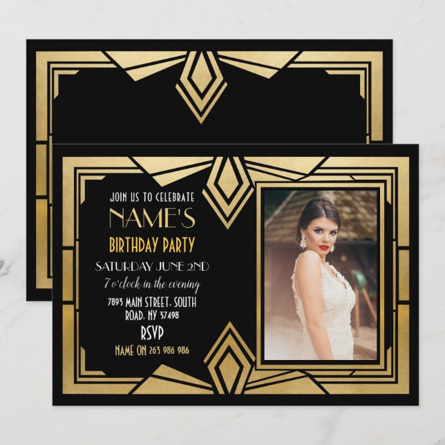 1920's Art Deco Birthday Party Photo Invite Gatsby (Front/Back)