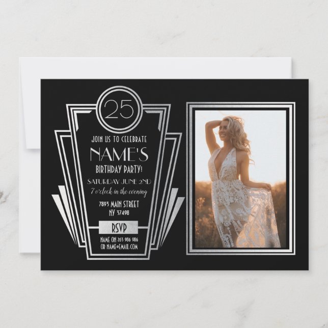 1920's Art Deco Birthday Party Photo Invite Gatsby (Front)