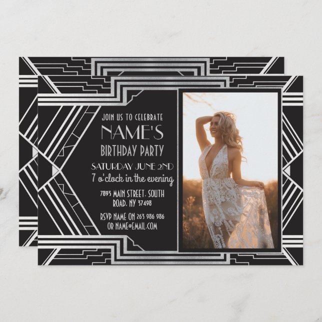 1920's Art Deco Birthday Party Photo Invite Gatsby (Front/Back)