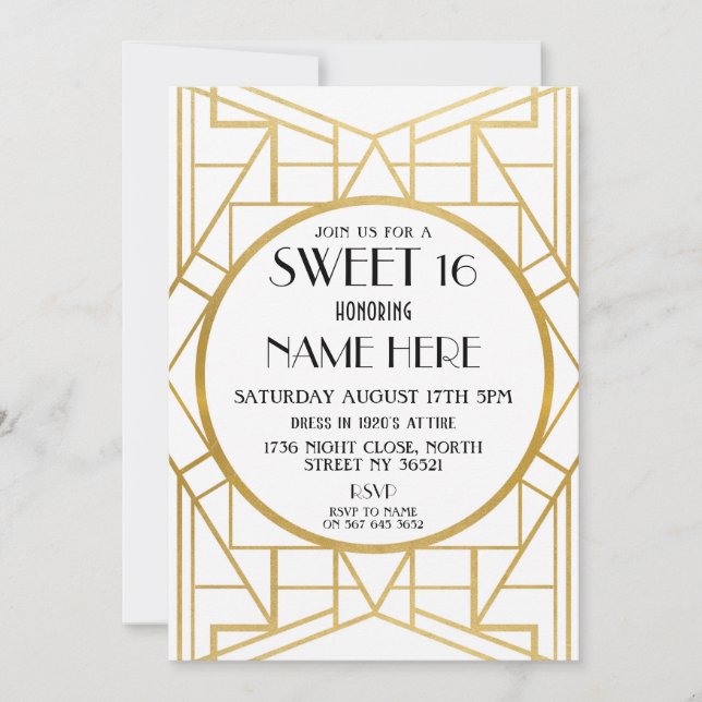 1920's Art Deco Birthday Sweet 16 Gatsby Party Invitation (Front)