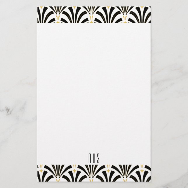 1920s Art Deco Black Fans Pattern Initial Letters Stationery (Front)
