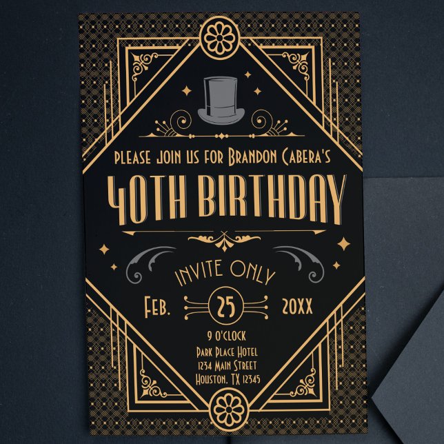1920s Art Deco Black & Gold 40th Birthday Party Invitation (40th birthday speakeasy 1920s gold invite casino Art Deco cool classy unique invitation for him)