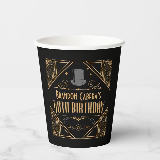 1920s Art Deco Black & Gold 40th Birthday Party Paper Cups (Front)