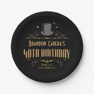 1920s Art Deco Black & Gold 40th Birthday Party Paper Plate
