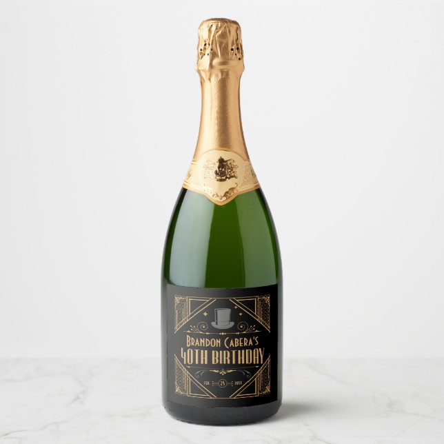 1920s Art Deco Black & Gold 40th Birthday Party Sparkling Wine Label (Front)