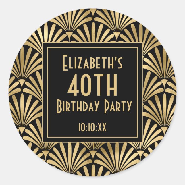 1920's Art Deco Black|Gold Birthday Party Classic Round Sticker (Front)