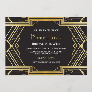 1920's Art Deco Bridal Shower Party Gatsby Gold Invitation
