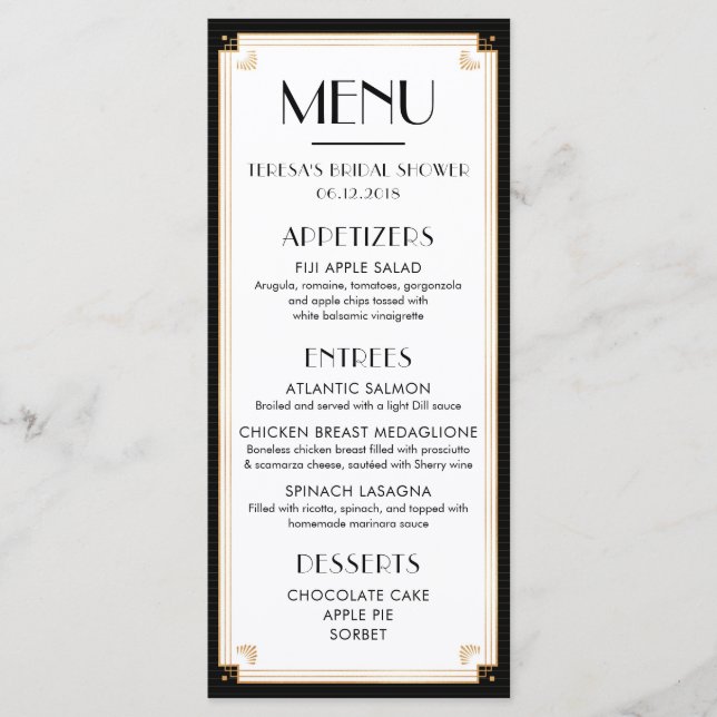 1920's, Art Deco, Bridal Shower, Wedding, Menu (Front)