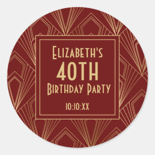 1920's Art Deco Burgundy & Gold Birthday Party Classic Round Sticker