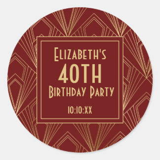 1920's Art Deco Burgundy & Gold Birthday Party Classic Round Sticker
