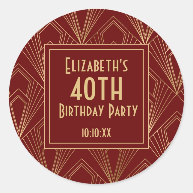 1920's Art Deco Burgundy & Gold Birthday Party Classic Round Sticker (Front)