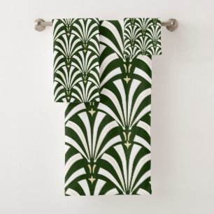 1920s Art Deco Dark Green & White Palmettos Bath Towel Set