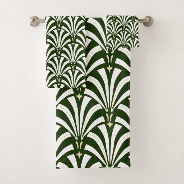 1920s Art Deco Dark Green & White Palmettos Bath Towel Set (Insitu)