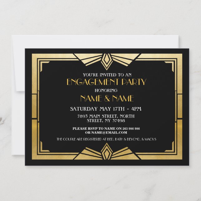 1920s Art Deco Engagement Party Invite Gatsby Gold (Front)