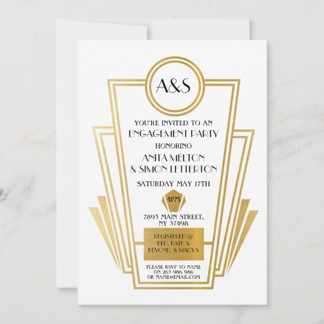 1920s Art Deco Engagement Party Invite Gatsby Gold (Front)