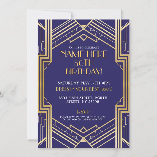 1920's Art Deco Gatsby 30 40th 50th Birthday Party Invitation (Front)