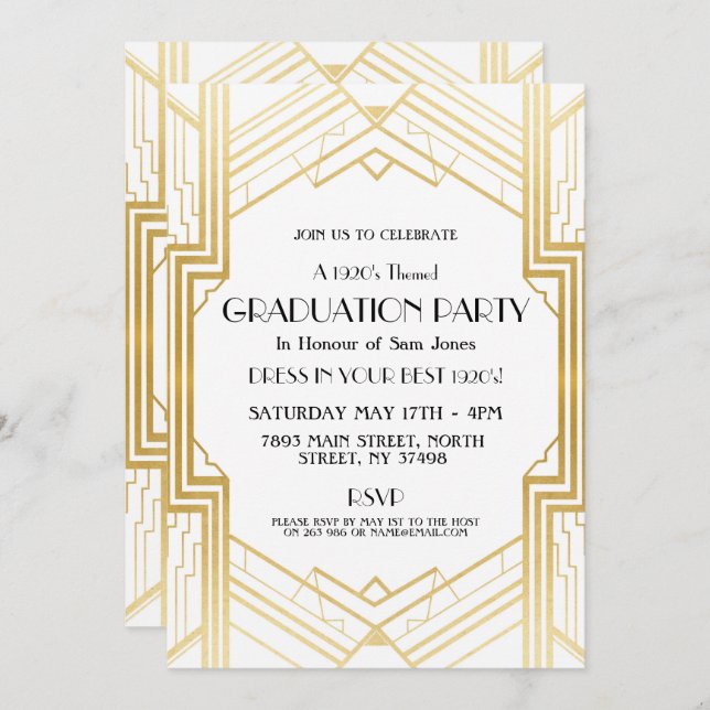 1920s Art Deco Graduation Invite Gatsby Party Gold (Front/Back)