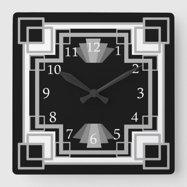 1920s Art Deco Grey & Black Geometric Pattern Square Wall Clock (Front)