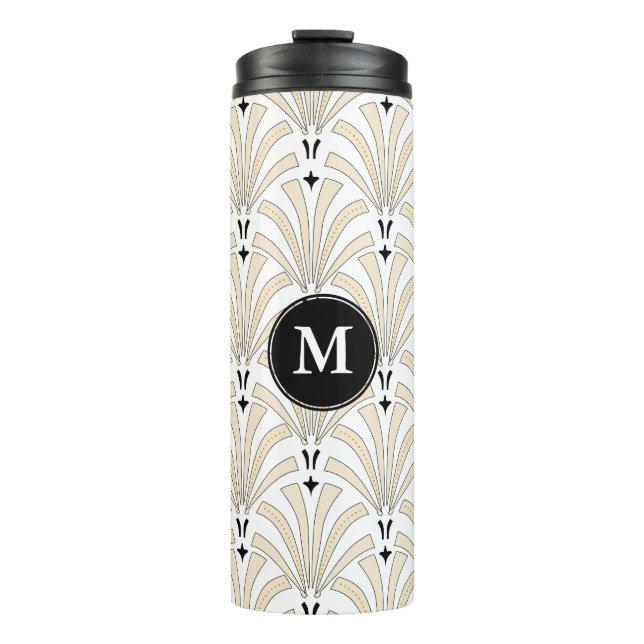 1920s Art Deco Taupe & White Palmettos | Monogram Thermal Tumbler (Front)
