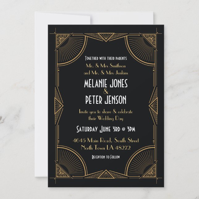 1920's Art Deco Wedding Gatsby Party Black & Gold Invitation (Front)