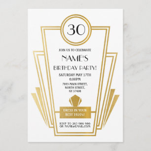 1920's Birthday Art Deco Invite Gatsby Party Gold